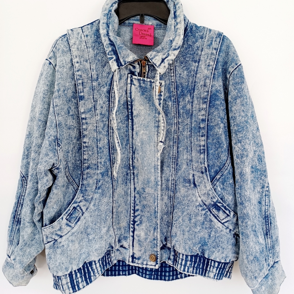 Vintage 1990's Bleached Denim Biker Jean Jacket Plus Size 1X Grunge